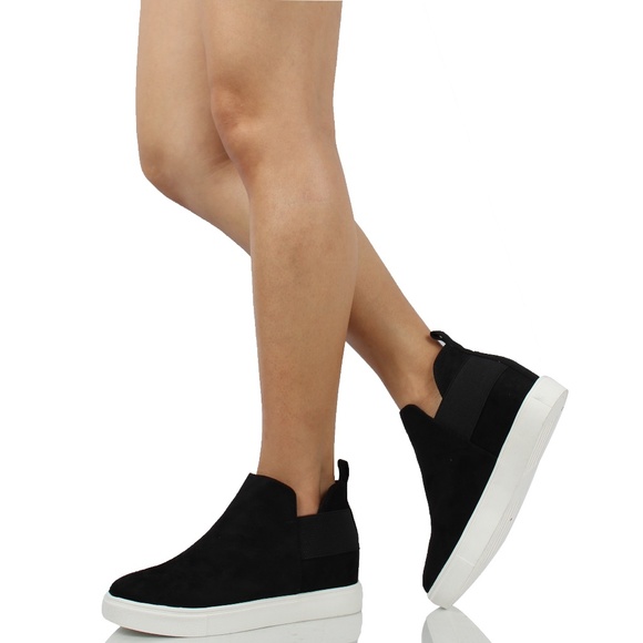 Soda Shoes - Black Faux Suede Hidden Wedge Rubber Sole Sneaker